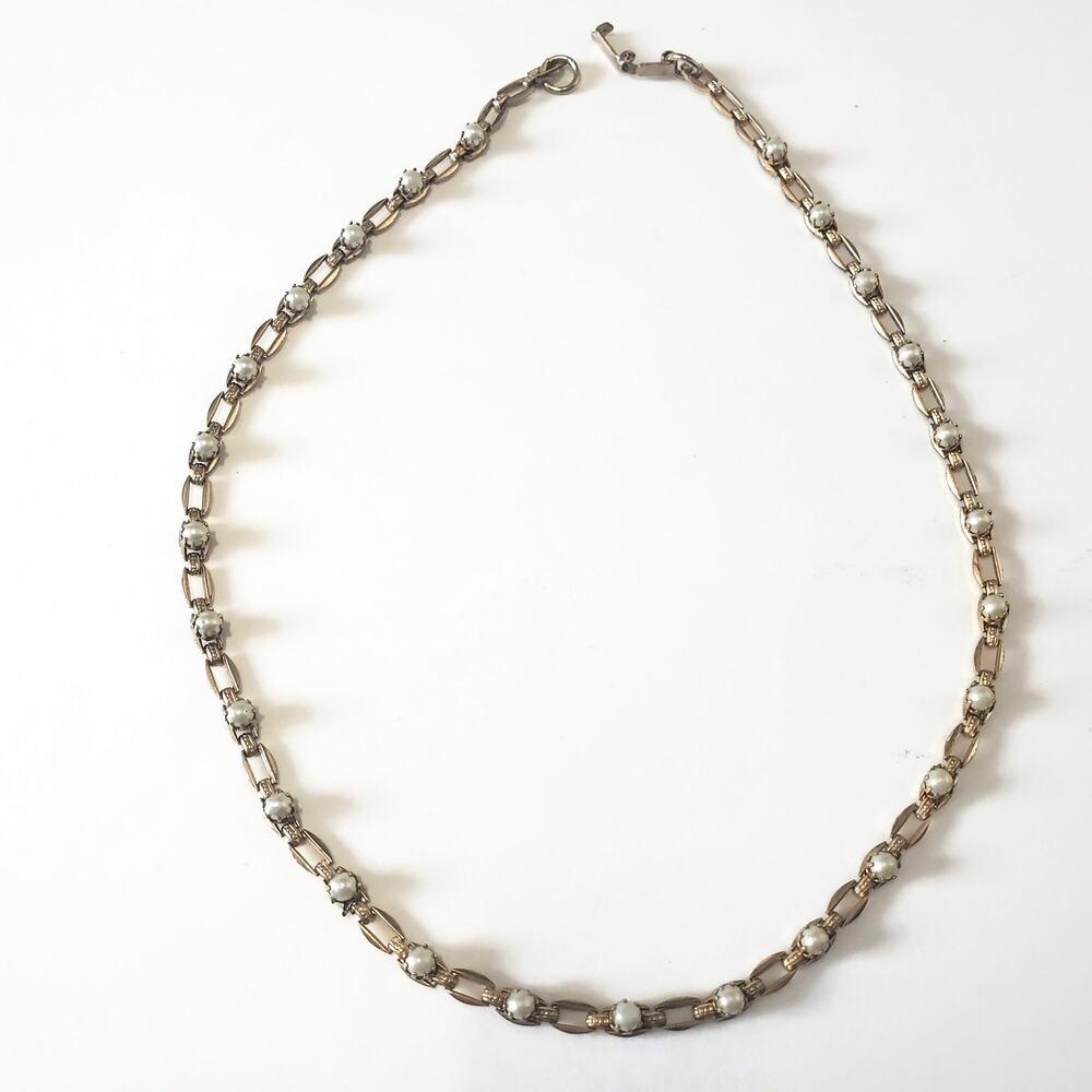 Vintage Gold Tone Faux Pearl Panel Link Necklace 15" Fold Over Clasp